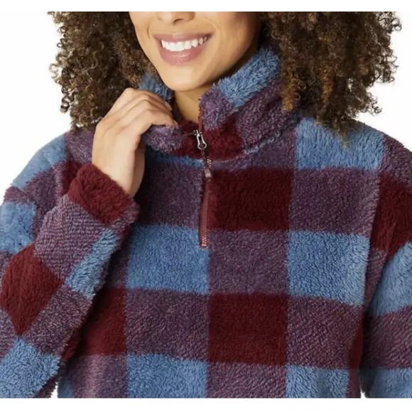 Eddie Bauer Plaid Sherpa Fleece Quarter Zip Pullover Jacket Size Small Blue Red - Picture 2 of 10